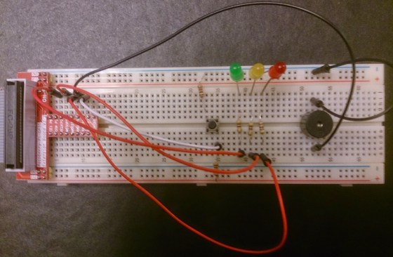 Our breadboard with LEDS, buzzers and a switch
