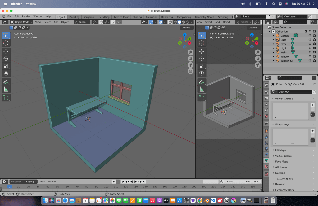 A screenshot of Blender showing the diorama as a work-in-progress.